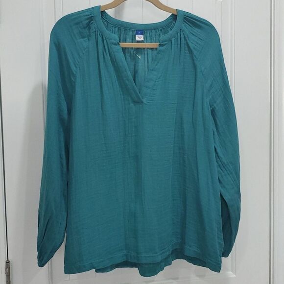 NWOT Old Navy Long Sleeve Split-Neck, Waffle Knit Blouse Emerald  Size Large - Picture 1 of 5